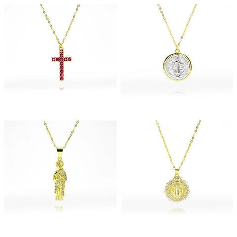 18K Gold Plated Copper Necklace With Zircon Virgin Mary St Jude Saint Benedict Medal Cross Pendant Religious Jewelry For Women
