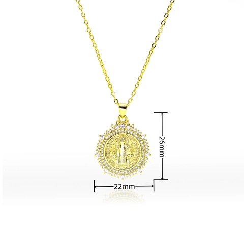 18K Gold Plated Copper Necklace With Zircon Virgin Mary St Jude Saint Benedict Medal Cross Pendant Religious Jewelry For Women