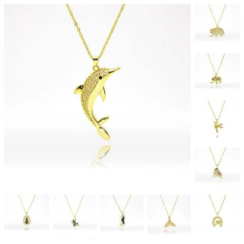 Fashion 18K Gold Plated Copper Animal Pendant Necklace With Rhinestone Dolphin Elephant Hummingbird Jewelry For Women