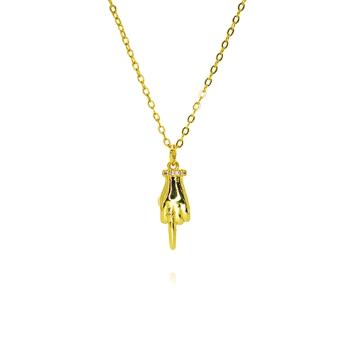 Collier Pendentif en Cuivre pour Femmes Micro Incrusté Strass Geste du Doigt d'honneur Turquoise Croissant Corne Bijoux Chaîne
