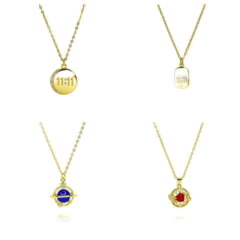 Gold Plated Copper Zirconia Planet Heart Star Number Pendant Necklace For Women Angel Number 11:11 Fashion Jewelry