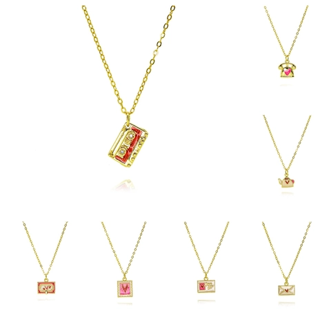 Vintage Copper Rhinestone Heart Pendant Necklace For Women Retro Phone Teapot Cassette Envelope Enamel Fashion Jewelry Accessory