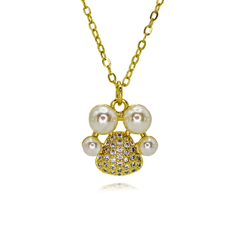 Collana con Impronta di Zampa di Cane Gatto in Rame per Donna Placcata Oro Zirconia Perla Artificial Pendente a Forma di Orma di Animale Gioielli di Moda Regalo