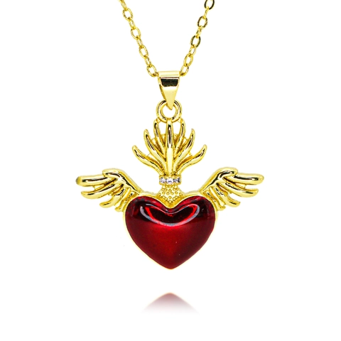 Vintage Sacred Heart Pendant Necklace French Palace Style Copper Gold Plated Red Enamel Crown Wings Rhinestone Fashion Jewelry