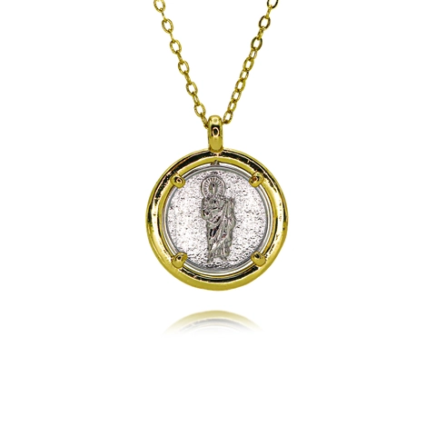 Collar con Colgante Religioso de Cobre en Dos Tonos Virgen María Sagrado Corazón Medalla de San Benito Joyería Católica Mujer