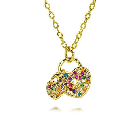Light Luxury Zirconia Heart Lock Key Pendant Necklace Copper Gold Plated Colorful Crystal Micro Inlaid Jewelry For Women