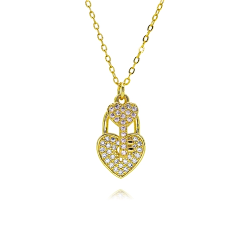Light Luxury Zirconia Heart Lock Key Pendant Necklace Copper Gold Plated Colorful Crystal Micro Inlaid Jewelry For Women