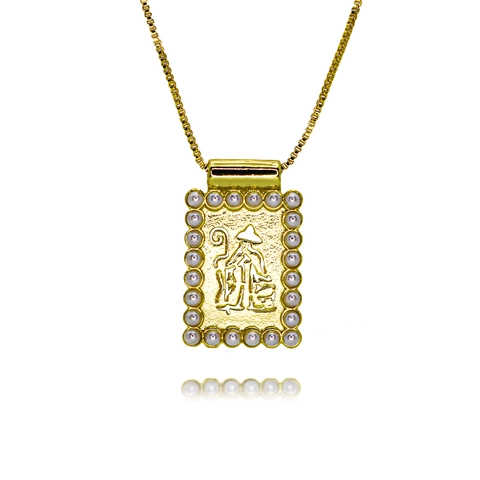 Collar con Colgante Religioso Virgen María de Cobre Vintage Borde de Perla Artificial Relieve Rectangular Joyería para Mujer