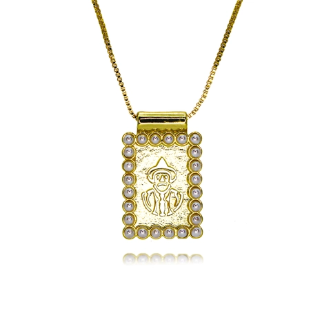 Collar con Colgante Religioso Virgen María de Cobre Vintage Borde de Perla Artificial Relieve Rectangular Joyería para Mujer