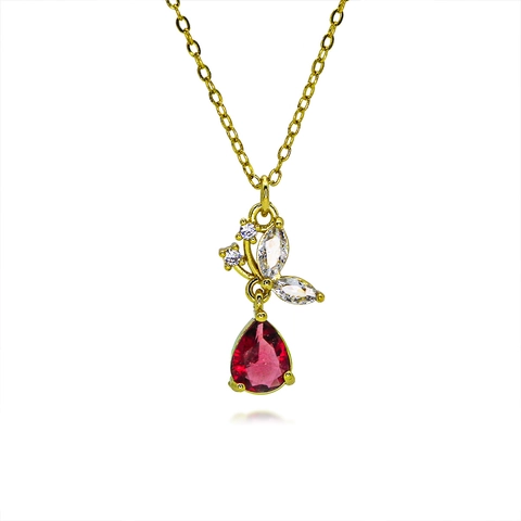 Elegant Copper Butterfly Pendant Necklace With Pear Shaped Zirconia Gold Plated Clavicle Chain For Women Fashion Jewelry Gift