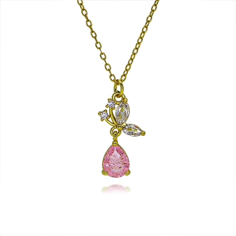 Elegant Copper Butterfly Pendant Necklace With Pear Shaped Zirconia Gold Plated Clavicle Chain For Women Fashion Jewelry Gift