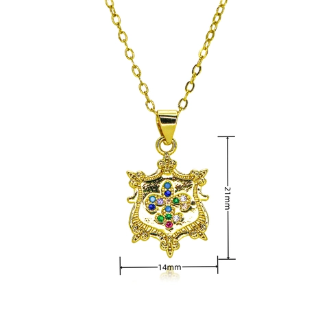 18K Gold Plated Brass Fleur-de-lis Pendant Necklace For Women Micro Inlaid Zirconia Shield Shape Retro Style Jewelry Gift