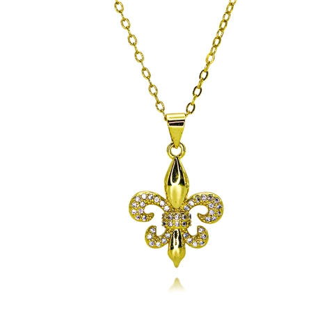 18K Gold Plated Brass Fleur-de-lis Pendant Necklace For Women Micro Inlaid Zirconia Shield Shape Retro Style Jewelry Gift