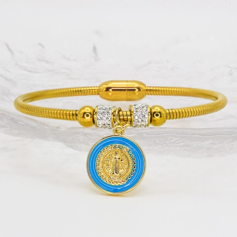 Religious Saint Benedict Stainless Steel Bracelet For Women Gold Plated Snake Bone Chain Magnetic Clasp Enamel Rhinestone Medal Jewelry