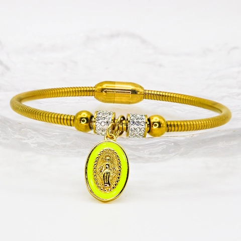 Stainless Steel Copper Virgin Mary Medallion Bracelet For Men Women Enamel Rhinestone Snake Chain Bracelet Magnetic Clasp Religious Jewelry