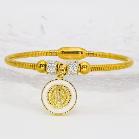 Religious Saint Benedict Stainless Steel Bracelet For Women Gold Plated Snake Bone Chain Magnetic Clasp Enamel Rhinestone Medal Jewelry