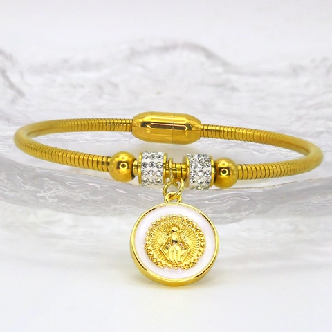 Stainless Steel Religious Virgin Mary Medal Bracelet For Women Men Gold Snake Bone Chain Magnetic Clasp Rhinestone Enamel Pendant Bangle Jewelry