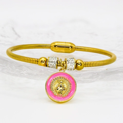 Stainless Steel Religious Virgin Mary Medal Bracelet For Women Men Gold Snake Bone Chain Magnetic Clasp Rhinestone Enamel Pendant Bangle Jewelry
