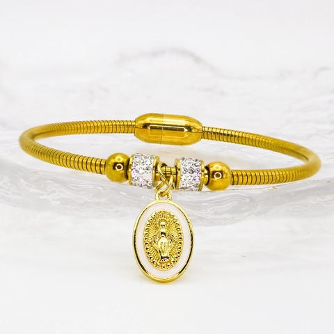 Stainless Steel Copper Virgin Mary Medallion Bracelet For Men Women Enamel Rhinestone Snake Chain Bracelet Magnetic Clasp Religious Jewelry