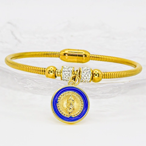 Stainless Steel Snake Chain Bracelet Gold Enamel Virgin Mary Pendant Rhinestone Magnetic Clasp Women Religious Jewelry