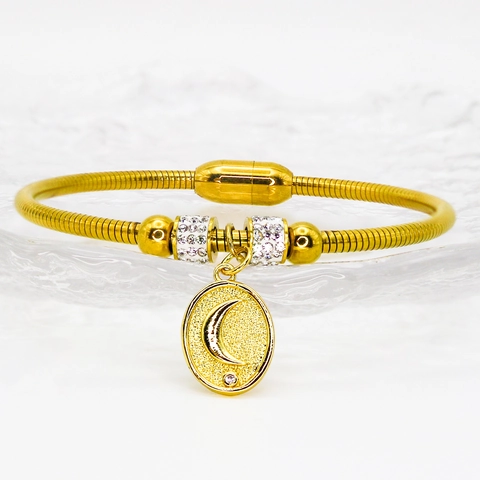 Stainless Steel Gold Moon Star Pendant Bangle With Zirconia Snake Chain Magnetic Bracelet For Women Niche Design Jewelry