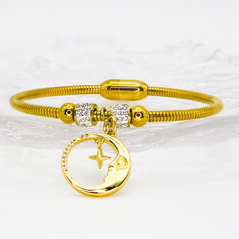 Stainless Steel Gold Moon Star Pendant Bangle With Zirconia Snake Chain Magnetic Bracelet For Women Niche Design Jewelry