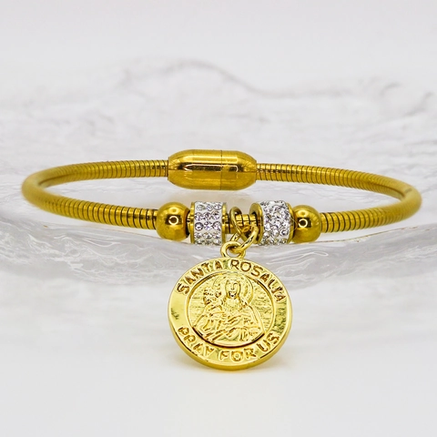 Religious Saint Benedict Medal Snake Chain Bracelet For Women Gold Plated Stainless Steel Magnetic Clasp Rhinestone Jewelry