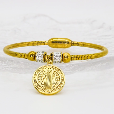 Religious Saint Benedict Medal Snake Chain Bracelet For Women Gold Plated Stainless Steel Magnetic Clasp Rhinestone Jewelry
