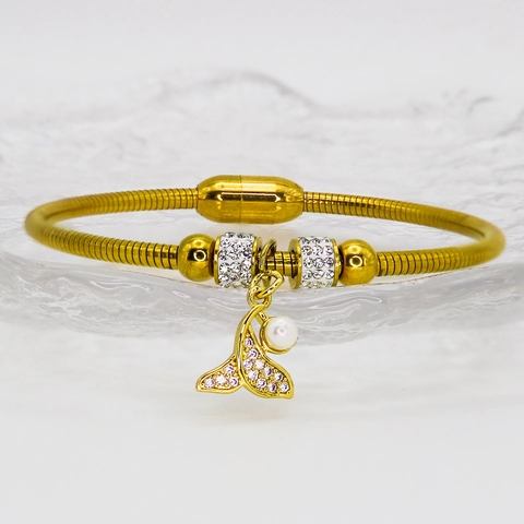 Stainless Steel Ocean Animal Dolphin Pendant Bracelet For Women Light Luxury Rhinestone Magnetic Clasp Snake Chain Bangle