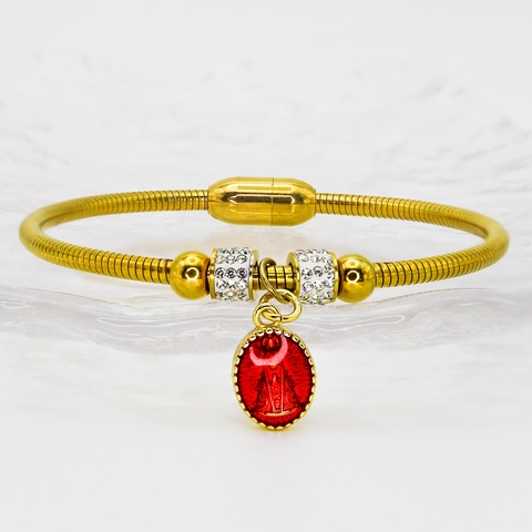 European Religious Virgin Mary Guadalupe Stainless Steel Bracelet Gold Snake Chain Rhinestone Enamel Magnetic Jewelry Women