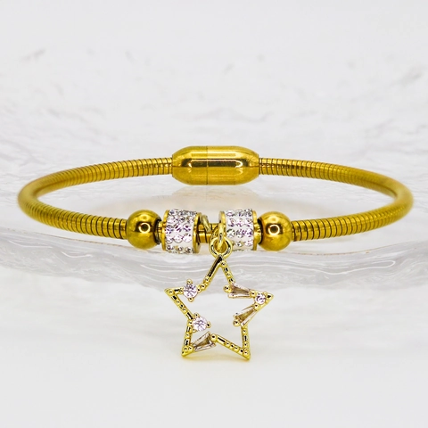 Gold Plated Stainless Steel Star Bangle With Zirconia Magnet Buckle Elegant Snake Chain Bracelet For Women Jewelry Gift