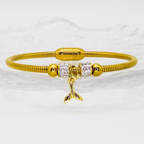 Stainless Steel Ocean Animal Dolphin Pendant Bracelet For Women Light Luxury Rhinestone Magnetic Clasp Snake Chain Bangle