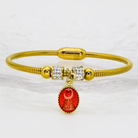 European Religious Virgin Mary Guadalupe Stainless Steel Bracelet Gold Snake Chain Rhinestone Enamel Magnetic Jewelry Women