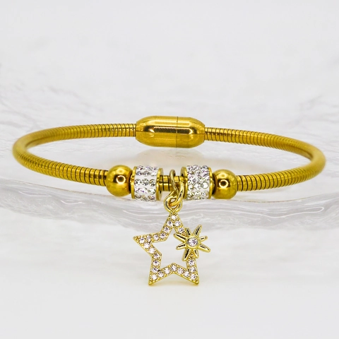 Gold Plated Stainless Steel Star Bangle With Zirconia Magnet Buckle Elegant Snake Chain Bracelet For Women Jewelry Gift
