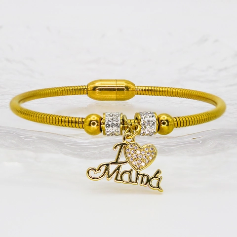 Stainless Steel Gold Magnetic Clasp Snake Chain Bracelet Pave Zircon MAMA MOM Heart Religious Virgin Mary Charm Bracelet