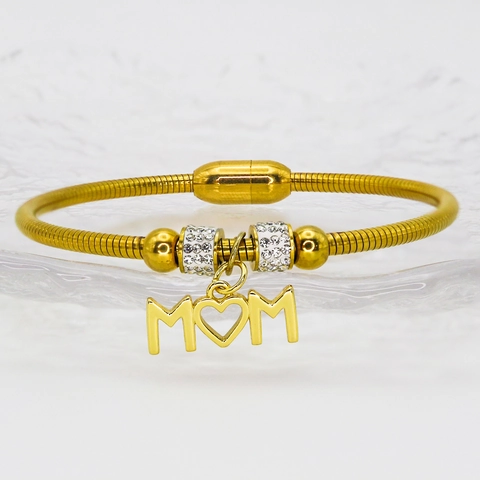 Stainless Steel Gold Magnetic Clasp Snake Chain Bracelet Pave Zircon MAMA MOM Heart Religious Virgin Mary Charm Bracelet