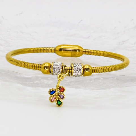 Gold Plated Titanium Steel Snake Bone Chain Bracelet For Women Zirconia Leaf Rose Flower Charm Magnetic Clasp Bangle Jewelry