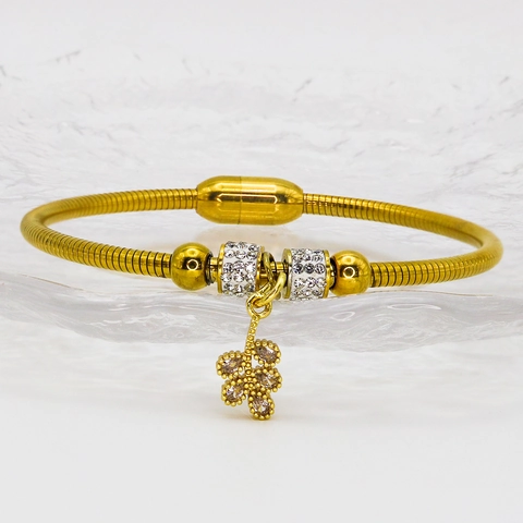 Gold Plated Titanium Steel Snake Bone Chain Bracelet For Women Zirconia Leaf Rose Flower Charm Magnetic Clasp Bangle Jewelry
