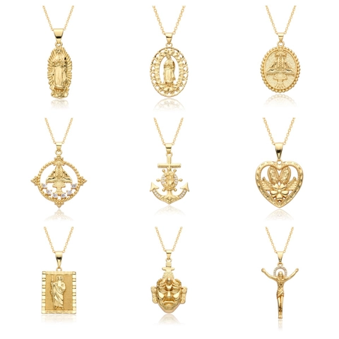 18K Gold Plated Copper Zircon Religious Pendant Necklace For Women Saint Jude Virgin Mary Jesus Anchor Cross Vintage Jewelry