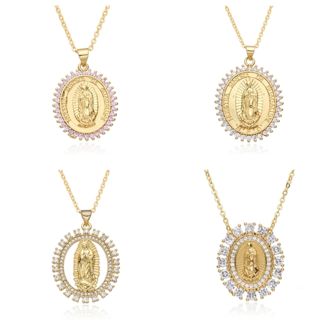 Collier Pendentif Vierge Marie Religieuse en Cuivre Plaqué Or 18K Avec Strass Ovale Guadalupe Deity Bijoux
