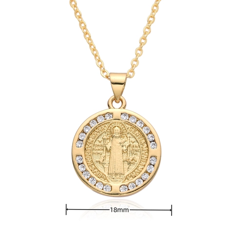 Collar con Colgante de Ídolo Religioso Occidental para Mujer de Cobre Bañado en Oro Micro Incrustado Strass San Benito Medalla Virgen María Joyería
