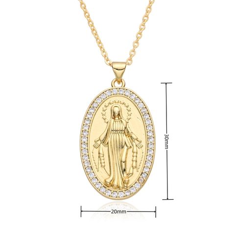 Collier Pendentif Vierge Marie Religieuse en Cuivre Plaqué Or 18K Avec Strass Ovale Guadalupe Deity Bijoux