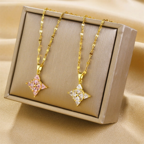 Titanium Steel Necklace With Zirconia Star Clover Pendant For Women Elegant Gold Plated Inlaid Fashion Jewelry Bone Chain