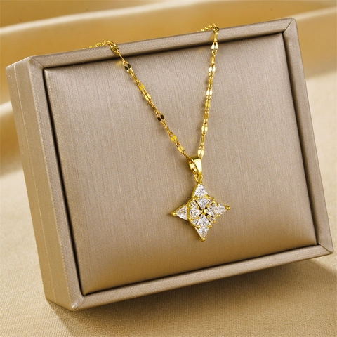 Titanium Steel Necklace With Zirconia Star Clover Pendant For Women Elegant Gold Plated Inlaid Fashion Jewelry Bone Chain