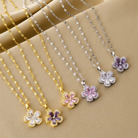 Collar con Colgante de Flor de Cinco Pétalos de Acero Inoxidable para Mujer Cobre Zirconia Incrustada Oro Plata Chapado