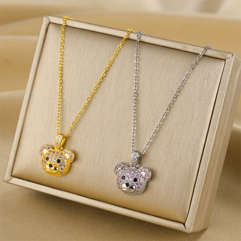 Collar de Cadena de Acero de Titanio con Colgante de Oso de Cobre con Zirconia Joyería de Moda de Lujo para Mujer Fiesta