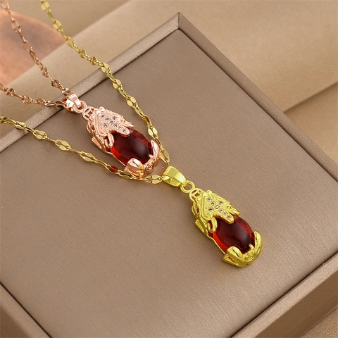 Collar Con Colgante De Pixiu De Acero Inoxidable Para Mujer Zirconia Roja Vintage Oro Oro Rosa Plata Joyería De Estilo Chino