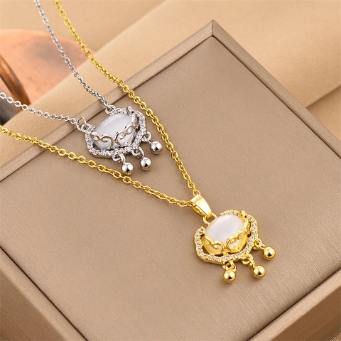 Collar de Colgante de Cerradura Ruyi de Acero de Titanio con Piedra de Ojo de Gato Zirconia Incrustada Joyería de Borla para Mujer Collar de Estilo Chino