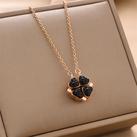 Foldable Magnetic Four Leaf Clover Heart Necklace Full Zirconia Stainless Steel 18K Gold Plated Two-Way Wear Jewelry For Women