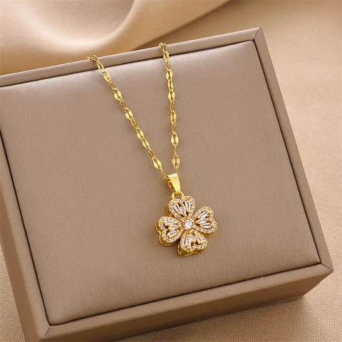 Rotating Four Leaf Clover Zirconia Pendant Necklace Titanium Steel Gold Silver Plated Flower Jewelry For Women Party Gift